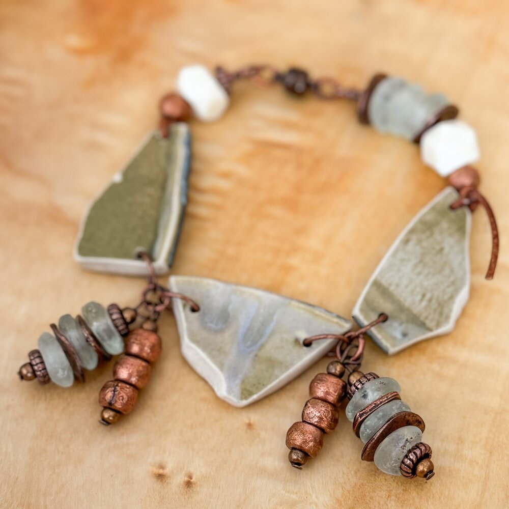 Chunky boho glass bead bracelet with copper charms